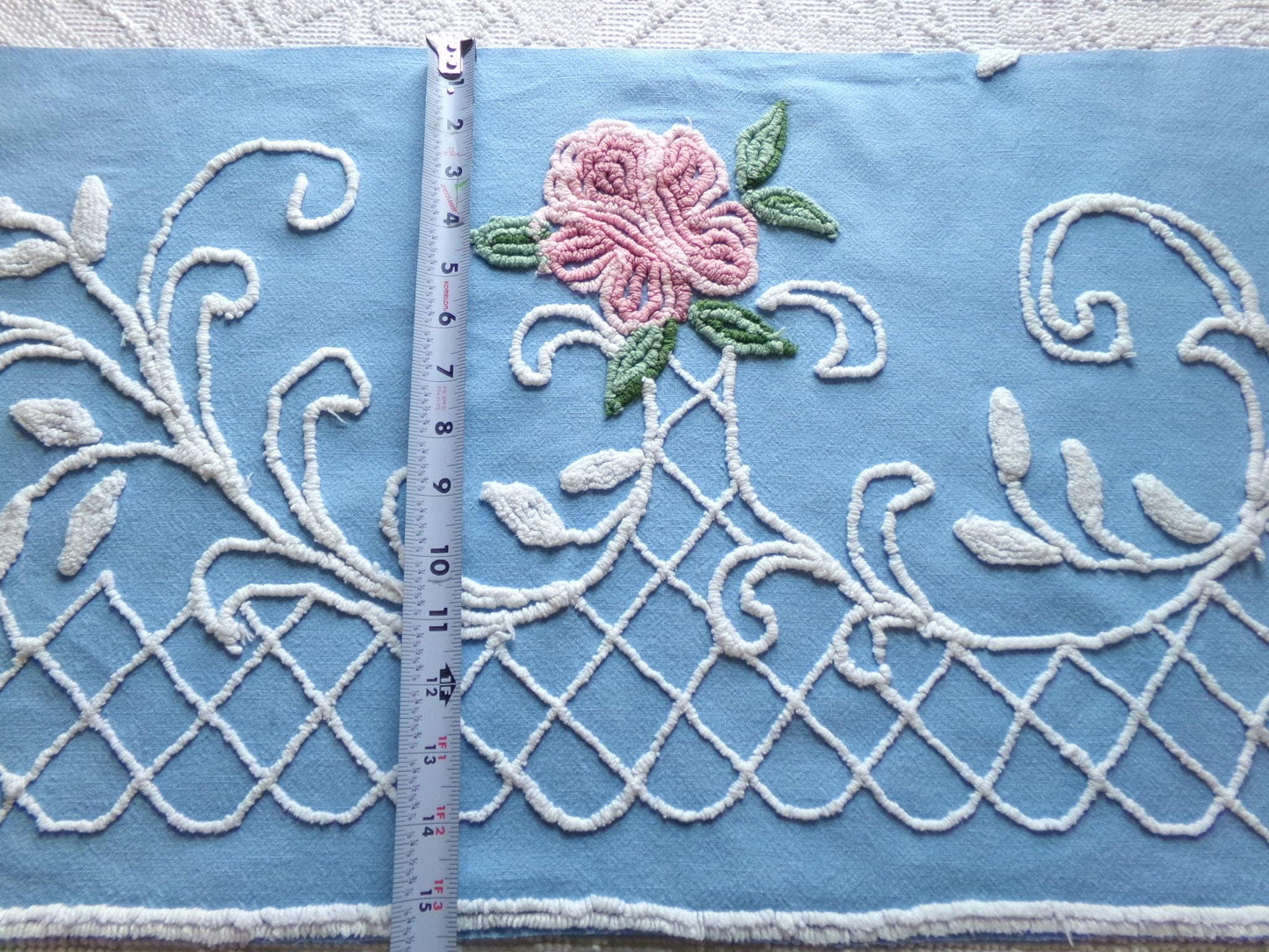 enchanted pink rose vintage chenille fabric, blue floral sewing material, 15" x 30" inch piece for wallhanging, quilts, fiber arts