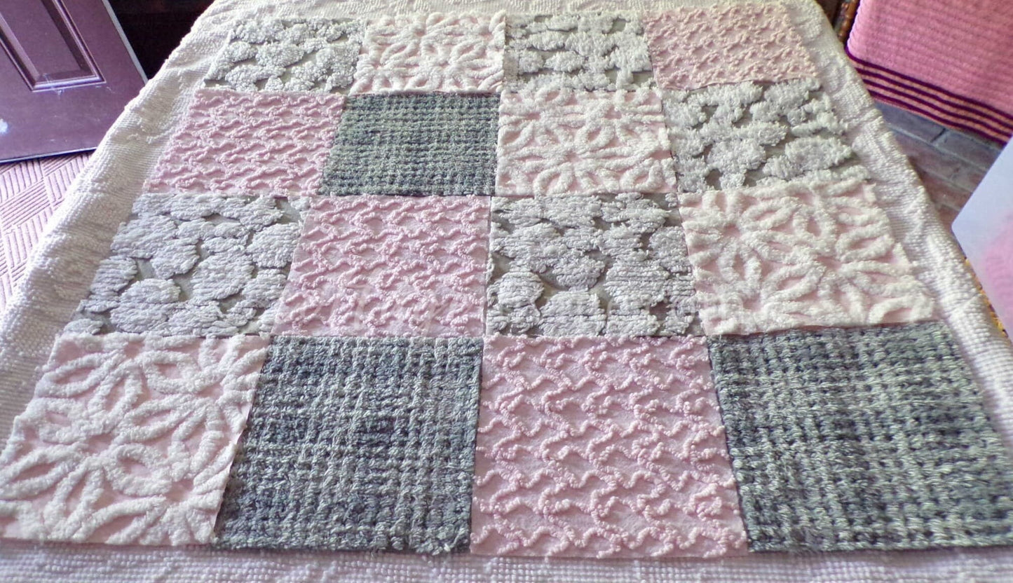 modern pink & grey chenille fabric squares, set of 16 vintage 6" quilt blocks for sewing, quilting, fiber arts