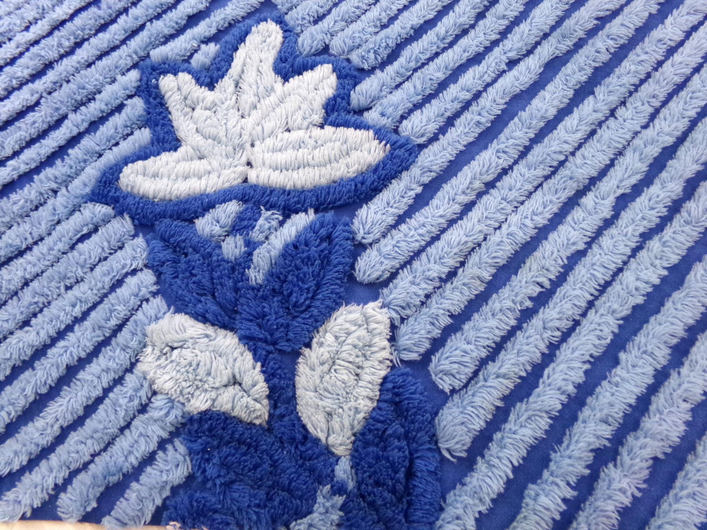 Midnight Blue Plush Vintage Chenille Bedspread Fabric, Water Lily on Diagonal Stripes, 18" x 25" inch Piece, Sewing & Quilt Material