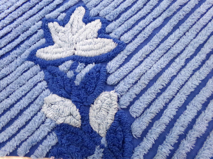 Midnight Blue Plush Vintage Chenille Bedspread Fabric, Water Lily on Diagonal Stripes, 18" x 25" inch Piece, Sewing & Quilt Material