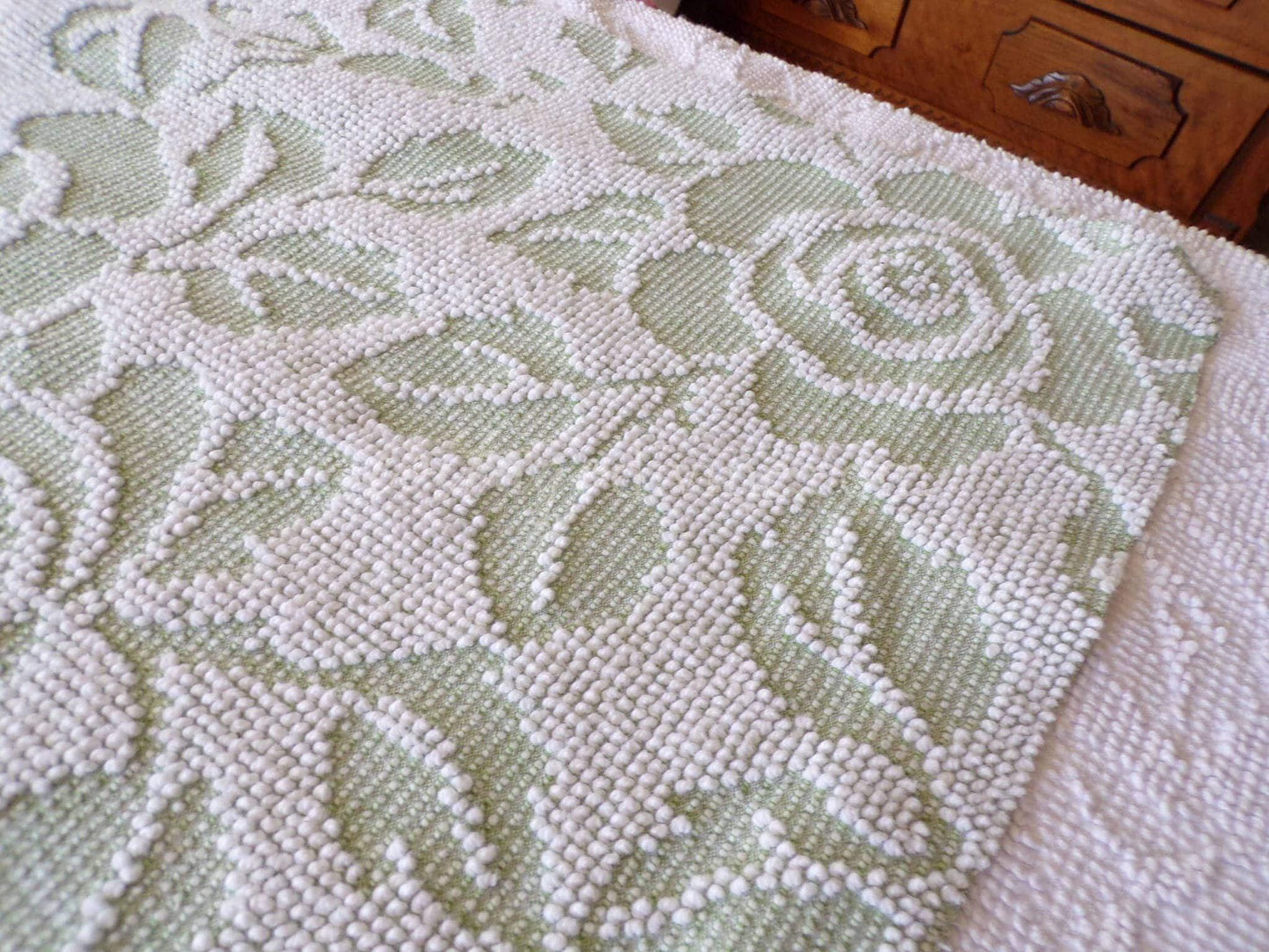 Sage Green Creamy White Cabbage Rose Chenille Fabric, 19" x 23" inch Piece, Vintage Fieldcrest Reversible Hobnail Design, Durable & Strong