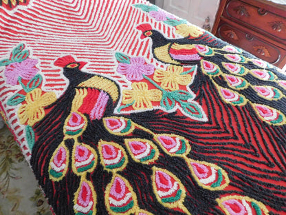 Vivid Red Peacock Vintage Chenille Bedspread, Rainbow Lovebirds with Gothic Black Feathers, 100% Cotton Full Size Bedding
