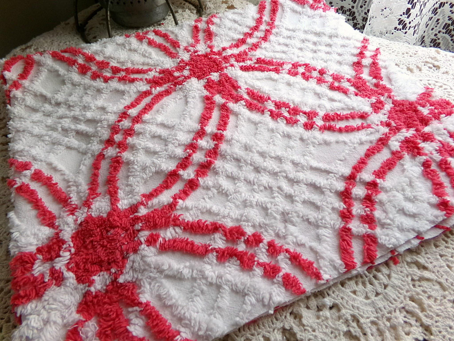 peppermint candy vintage chenille fabric, red & white wedding rings, 100% cotton, 20" x 25" inch piece, great in Christmas stockings, quilts