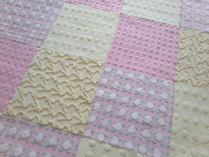 cheerful spring chenille fabric squares, set of 16 vintage pink & yellow quilt blocks 6" ea, rosebud, squiggles for crafts, quilting