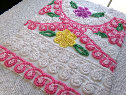 girly glam vintage chenille fabric, 19" x 21" inch piece of colorful plush cotton sewing material in bright pink & white curlicue florals