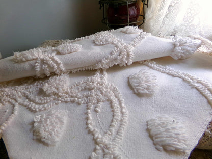 Fluffy Jumbo Pops Vintage Chenille Fabric, Shabby Chic Puffs, 21" x 25" inch Piece, Neutral Antique Cream for Pillows, Quilting