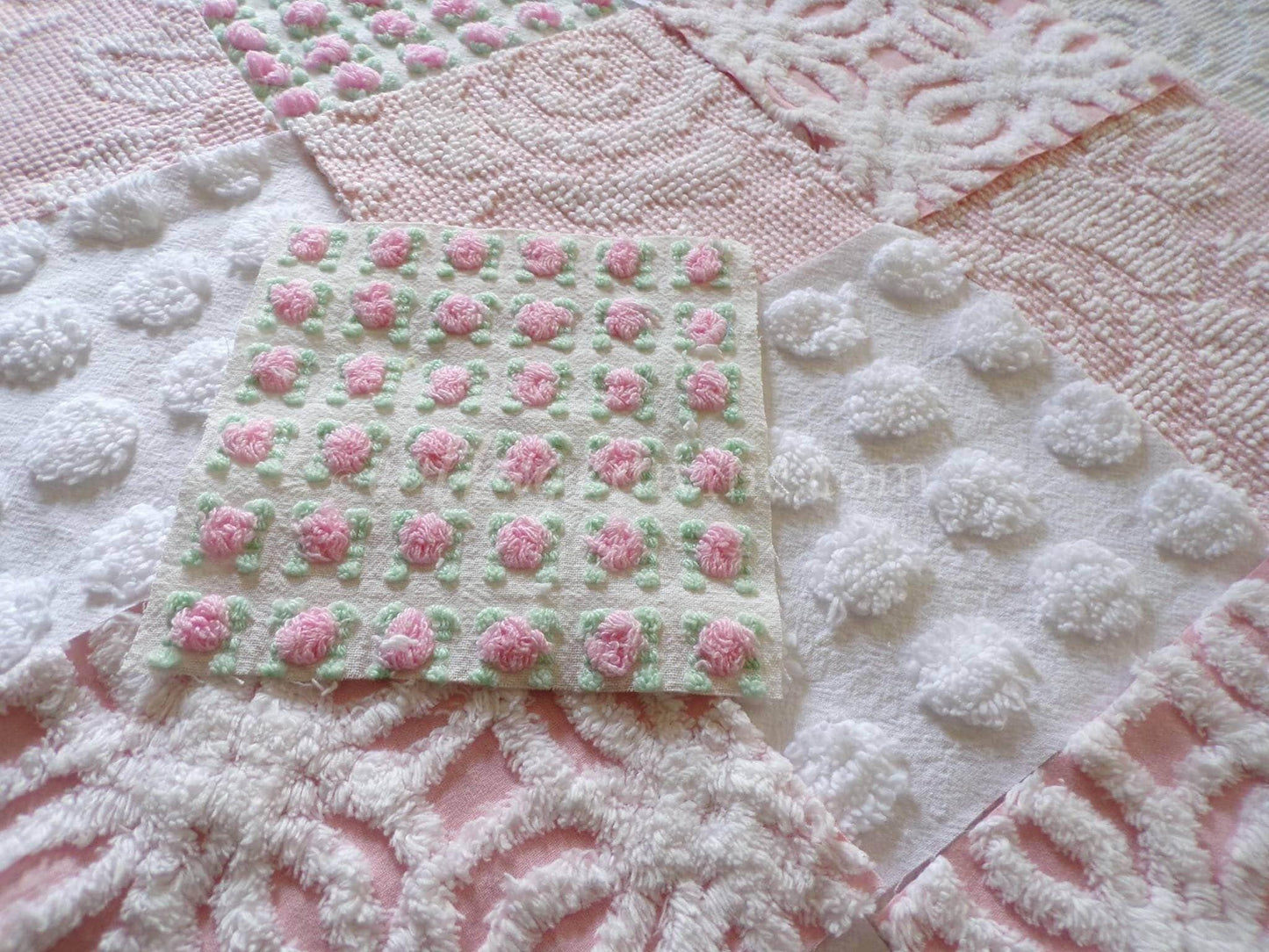 Pink Whispers Chenille Quilt Squares Set from Vintage Bedspread Fabric, 16 Blocks, 6" inch
