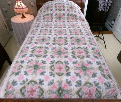 pink sea urchins twin size chenille bedspread, white cotton vintage cottage style bedding, boxed & fitted luxury design with ruffle skirt