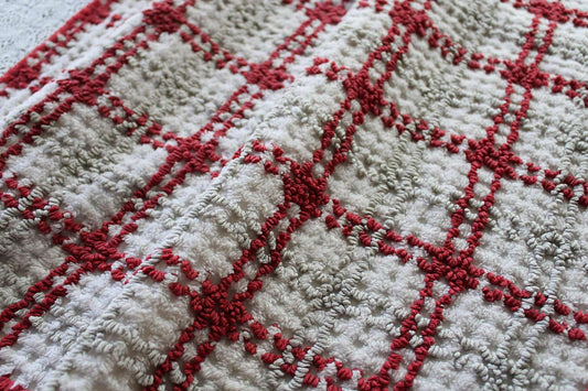 Classic Plaid Vintage Chenille Fabric, Maroon & Grey Needletufting on White Grid, 21" x 27" inch Piece, 100% Cotton