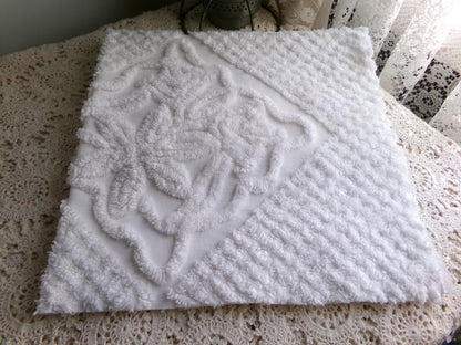 soft white lily chenille fabric, elaborate squiggle floral grid design, 20" x 25" inch piece shabby vintage cotton sewing & quilt material