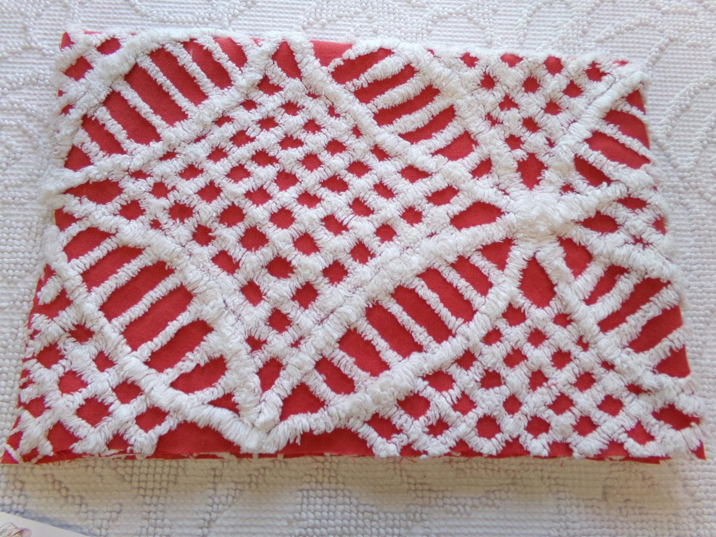 Red & White Geometric Chenille Fabric - Vintage Tufted Textured Cotton Fabric Quilting Crafts - 17" x 24" Piece of Sewing Material