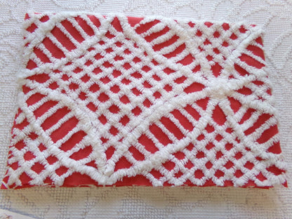 Red & White Geometric Chenille Fabric - Vintage Tufted Textured Cotton Fabric Quilting Crafts - 17" x 24" Piece of Sewing Material