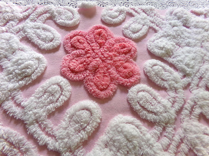 cupcake frosting pink chenille fabric, plush floral curlicue swirls, 22" x 25" inch piece of vintage material for sewing pillows & quilts