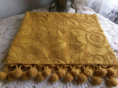 boho rose hobnail chenille fabric, vintage saturated retro harvest gold woven sewing material with pom pom trim 20" x 24" inch reversible pc