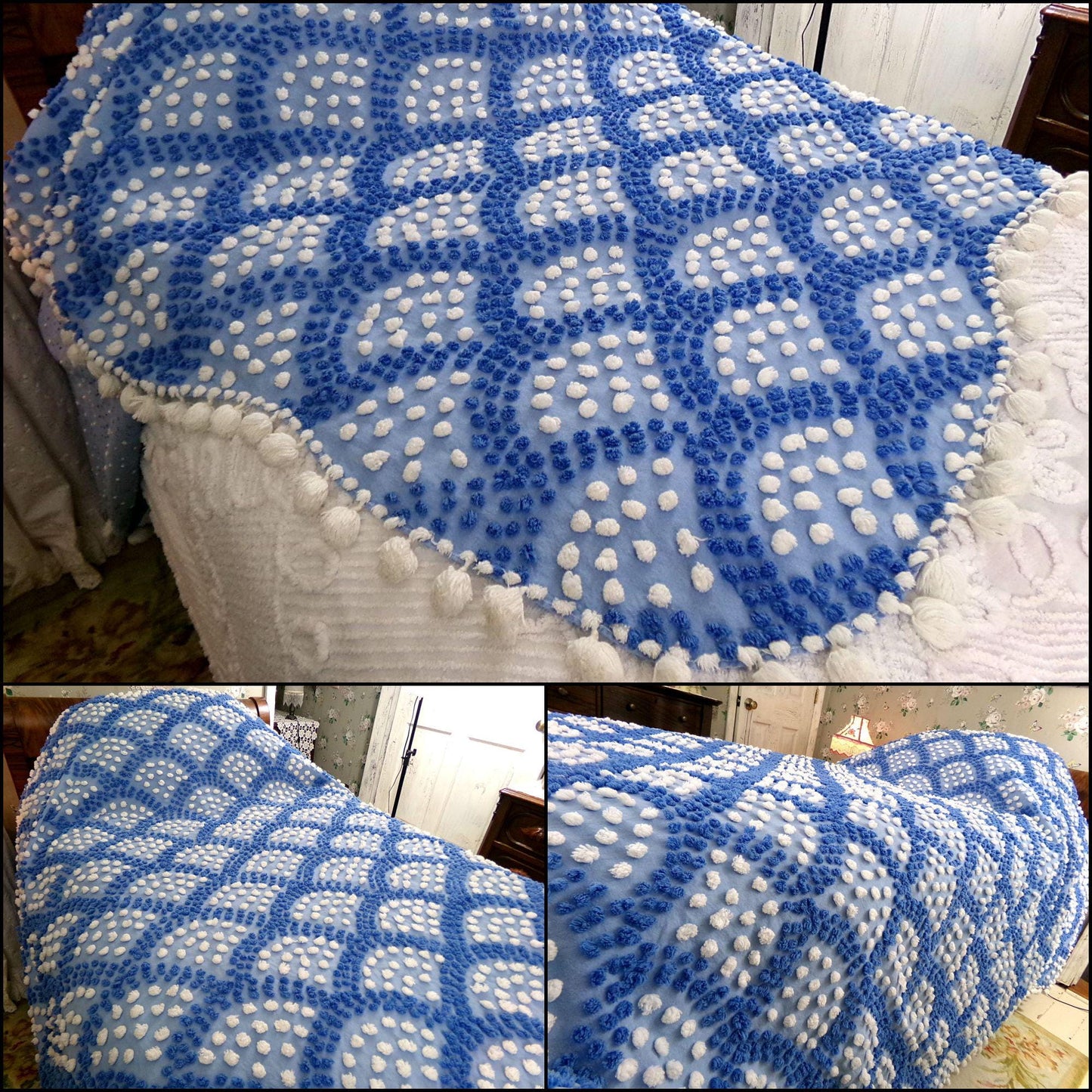 lakeside cottage vintage chenille bedspread, handmade blue & white shell pop scallop design, full size antique cotton bedding pom pom trim