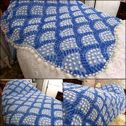 lakeside cottage vintage chenille bedspread, handmade blue & white shell pop scallop design, full size antique cotton bedding pom pom trim