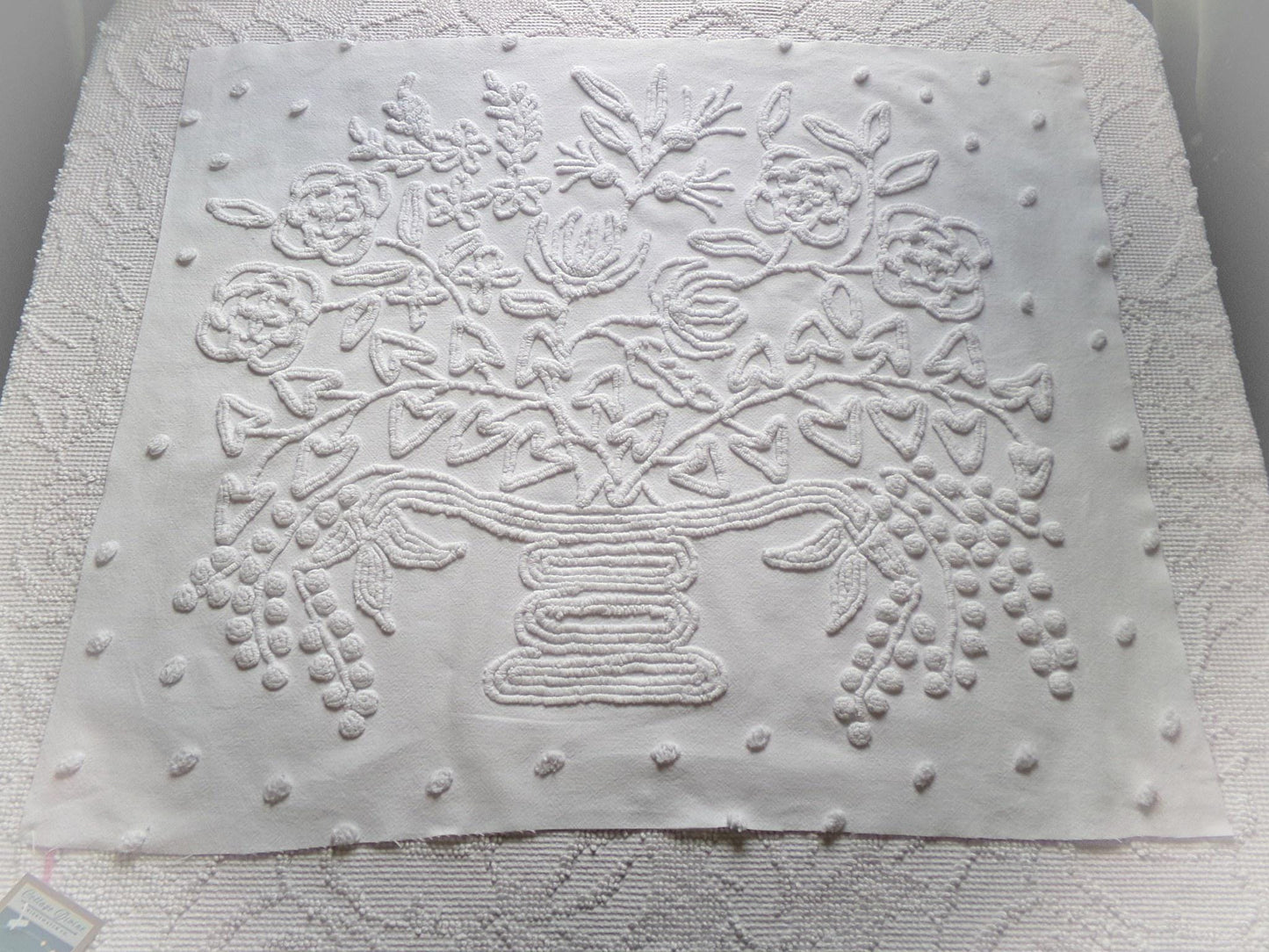 exquisite bride's basket vintage chenille fabric, white floral design is lovely material for quilts, wall hanging, crafts, 25" x 21" piece