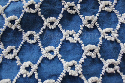 Chain Link Cobalt Blue Vintage Chenille Fabric, 20" x 24"' inch piece, White Needletufted Links on Ultra Lightweight Cotton