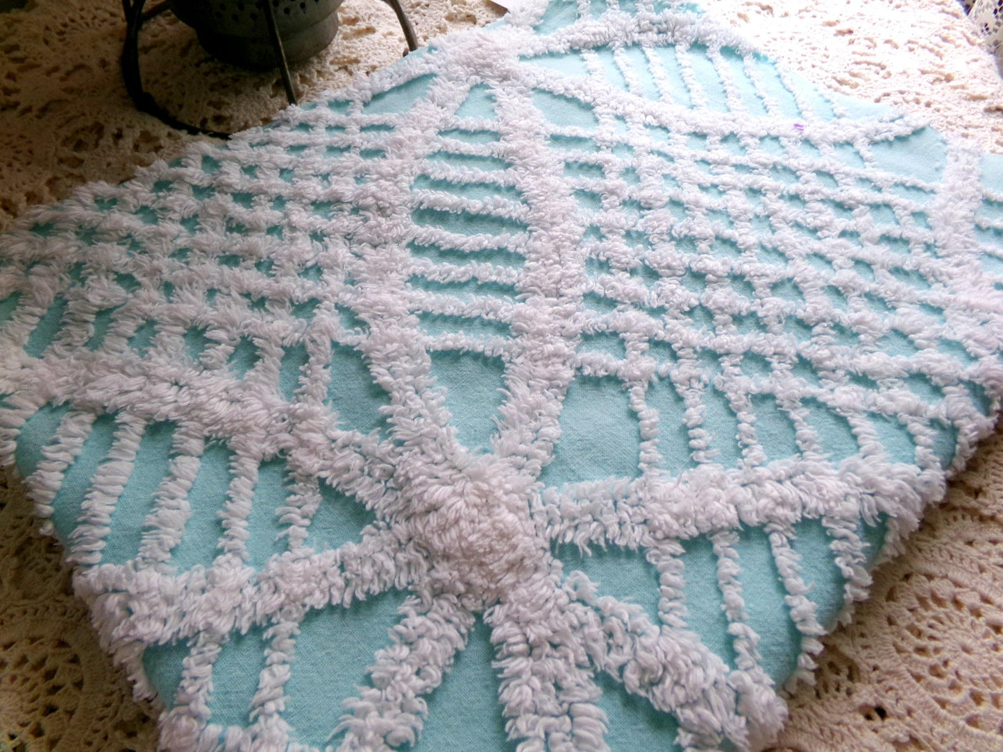 popular coastal aqua & white vintage chenille fabric, geometric chenille tufts, 20"x 25" inch piece of quilt sewing material