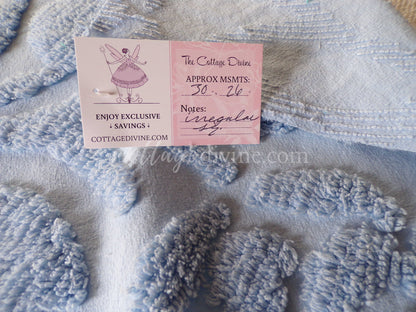 Stylized Roses Vintage Chenille Quilt Fabric, 30" x 26" inch Piece, Soothing Dusky Blue Rose Blooms, 100% Cotton