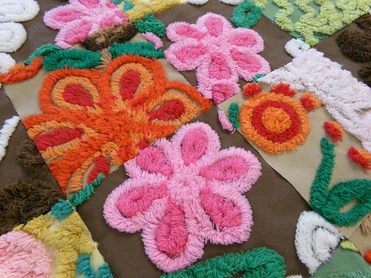flower power vintage chenille fabric squares, set of 16 boho 70s style 6" blocks for arts & crafts, sewing