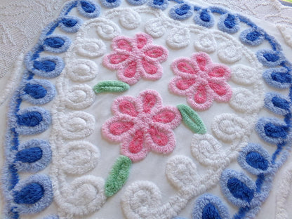shabby pink & blue vintage chenille heart fabric, trio of roses with curlicue swirls, 18" x 22" piece of sewing material great for pillow