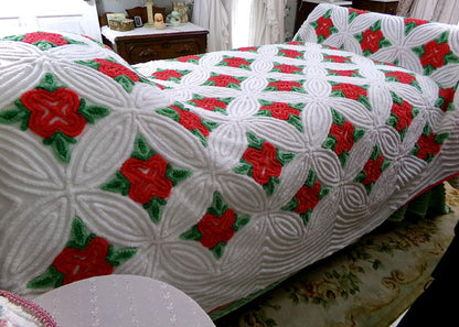 fantasy rose vintage luxury chenille bedspread in shabby style red cabbage roses design, 100% cotton full size bedding