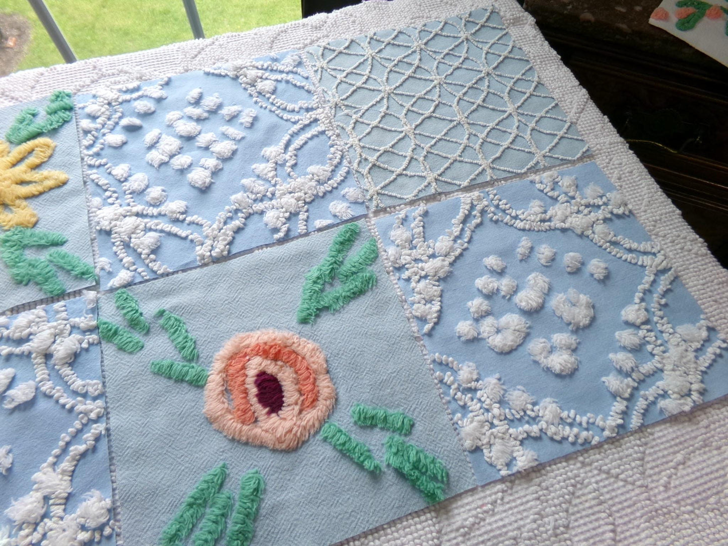 coastal wanderings chenille fabric squares, set of 8 vintage 7.5" quilt blocks, sky blue & white, for sewing, crafts, quilting
