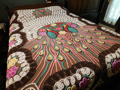 Iconic Vintage Peacock Chenille Bedspread, Rainbow Lovebirds & Hearts, FULL Size