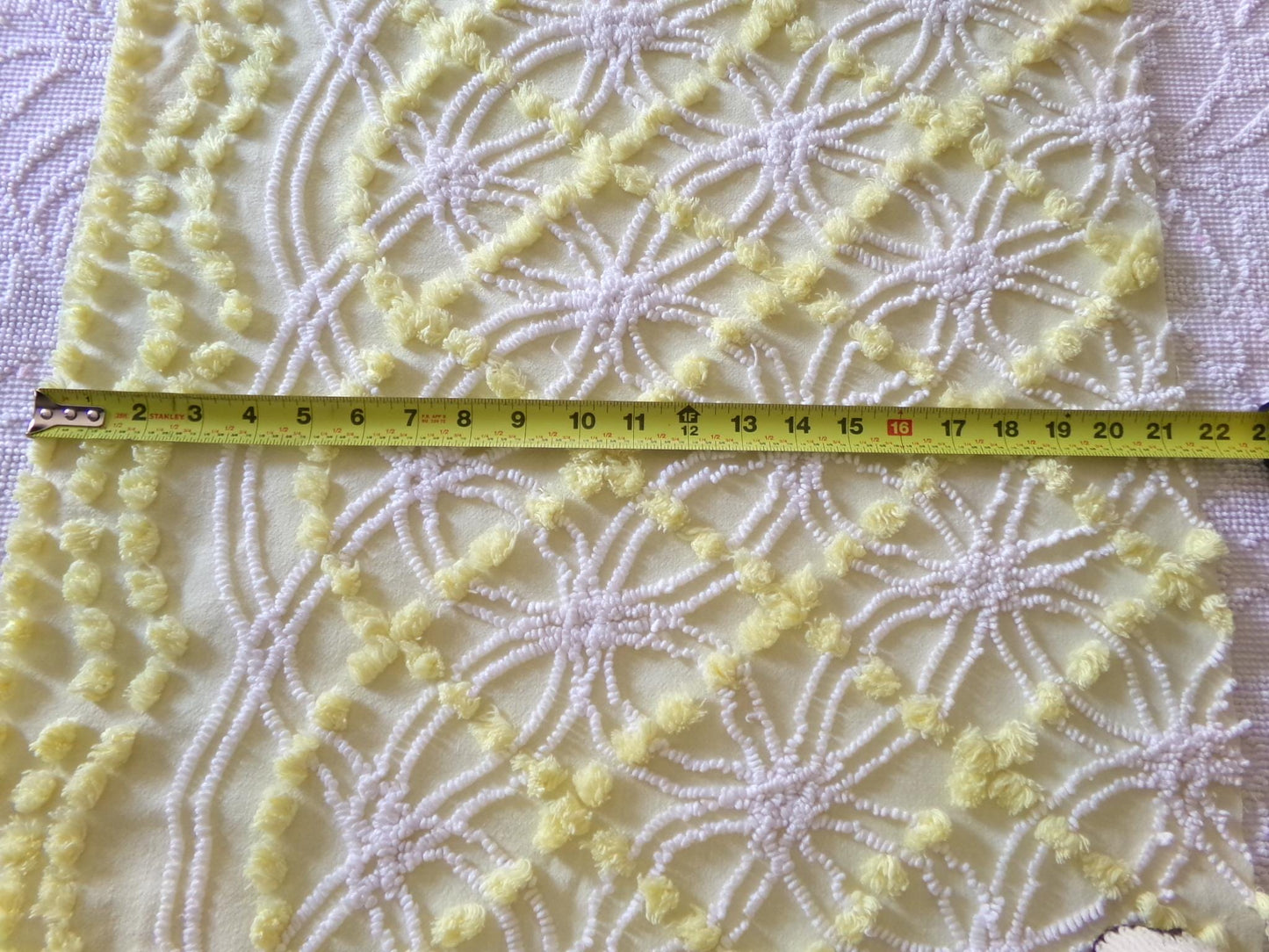 springtime yellow & white chenille fabric, vintage 27" x 21" inch piece of quilt material with fluffy pops, needletuft spider rings