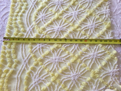 springtime yellow & white chenille fabric, vintage 27" x 21" inch piece of quilt material with fluffy pops, needletuft spider rings