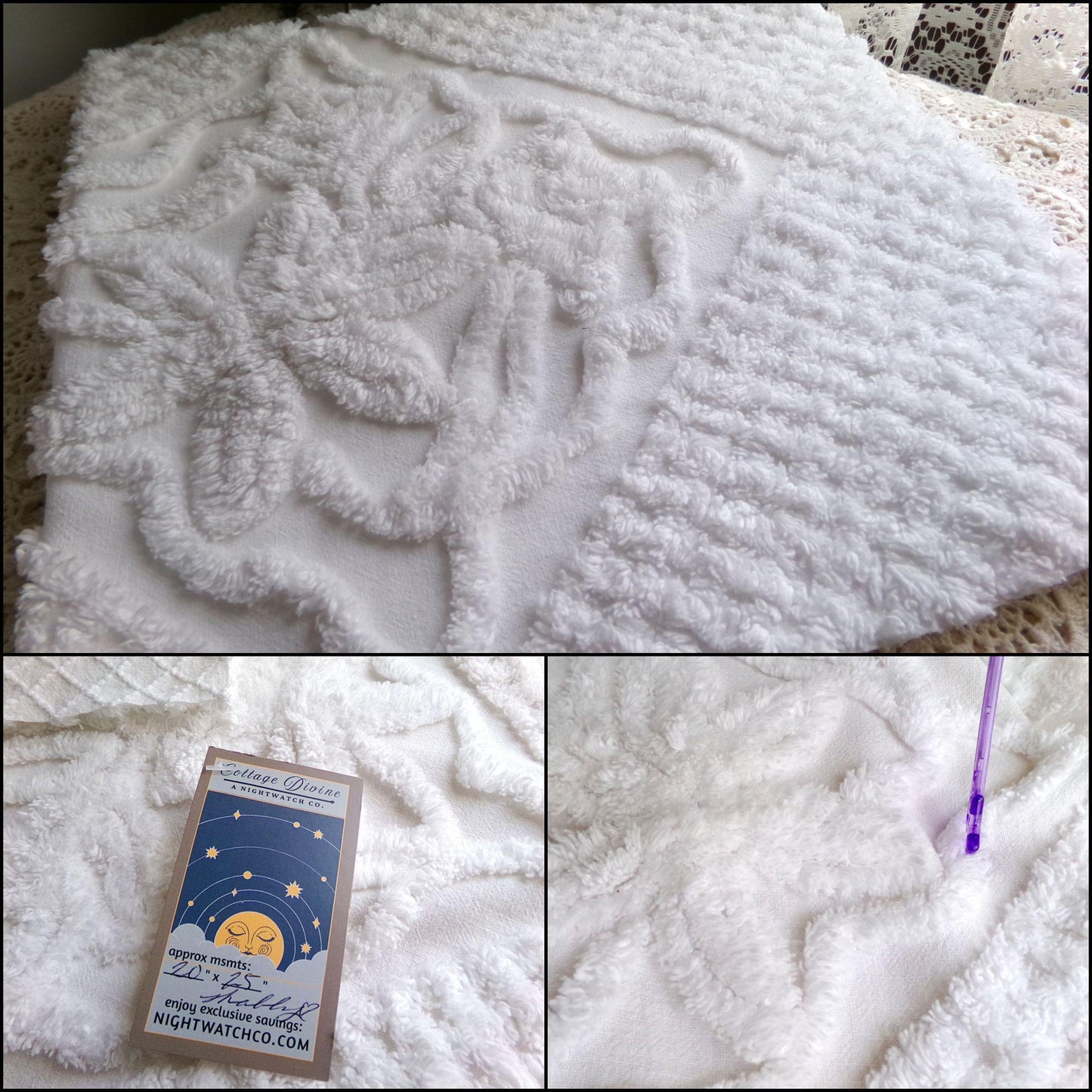 soft white lily chenille fabric, elaborate squiggle floral grid design, 20" x 25" inch piece shabby vintage cotton sewing & quilt material