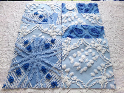 starry mystic chenille fabric squares, set of 8 vintage 7.5" quilt blocks, twilight blue & white, for sewing, crafts, quilting