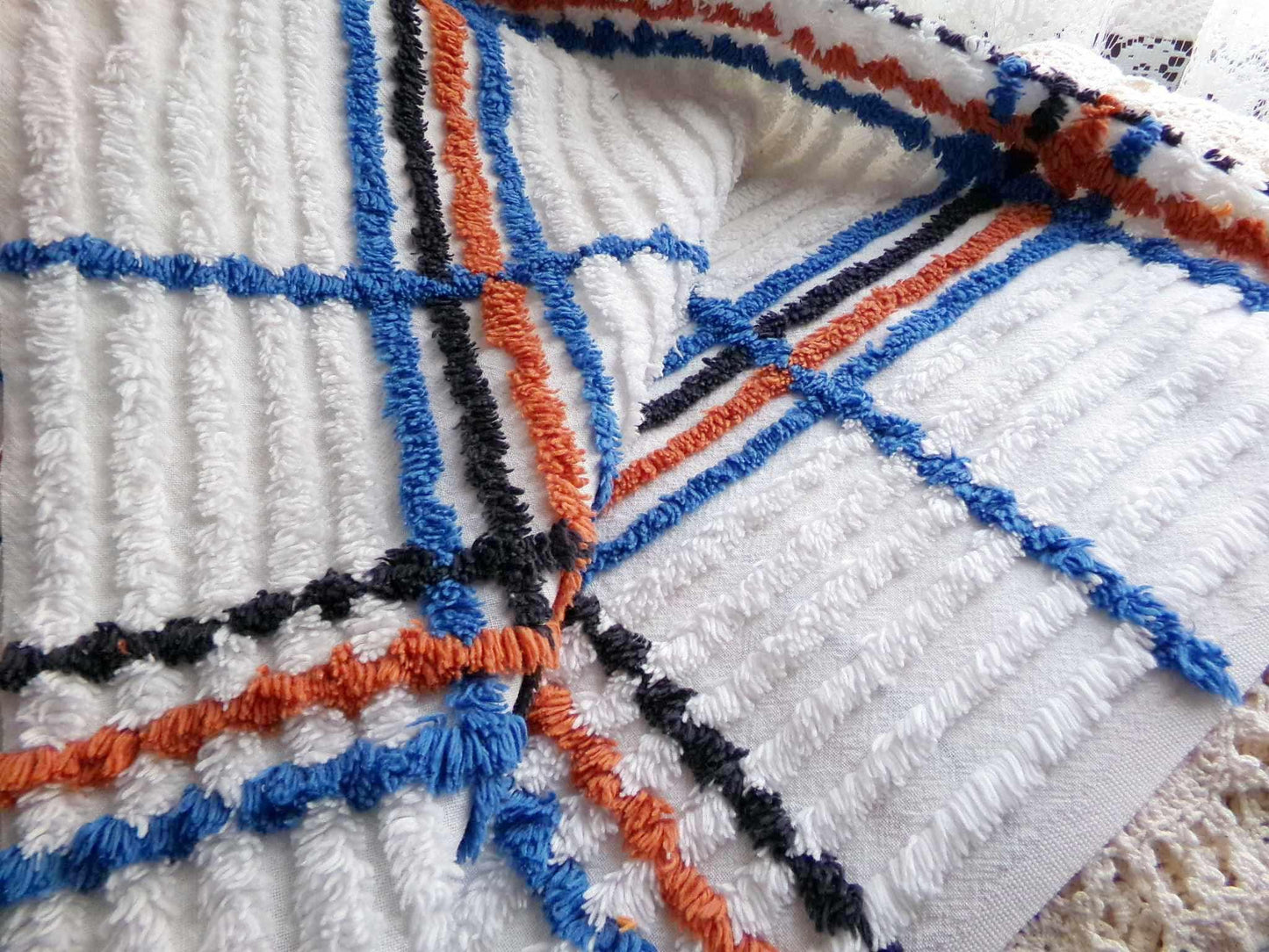 Vintage Chenille Fabric in a Unique Geometric Design, 28" x 15.5" inches, Masculine Black, Rust & Blue on White Cotton