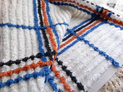 Vintage Chenille Fabric in a Unique Geometric Design, 28" x 15.5" inches, Masculine Black, Rust & Blue on White Cotton