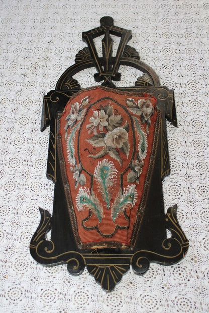 Rare Antique Ornate Victorian Eastlake 1881 Beaded Floral Wall Slipper Pocket
