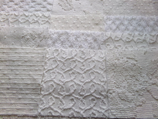 white vintage 6" chenille squares, set of 12 quilt blocks in a classic selection of popular patterns for sewing & crafts