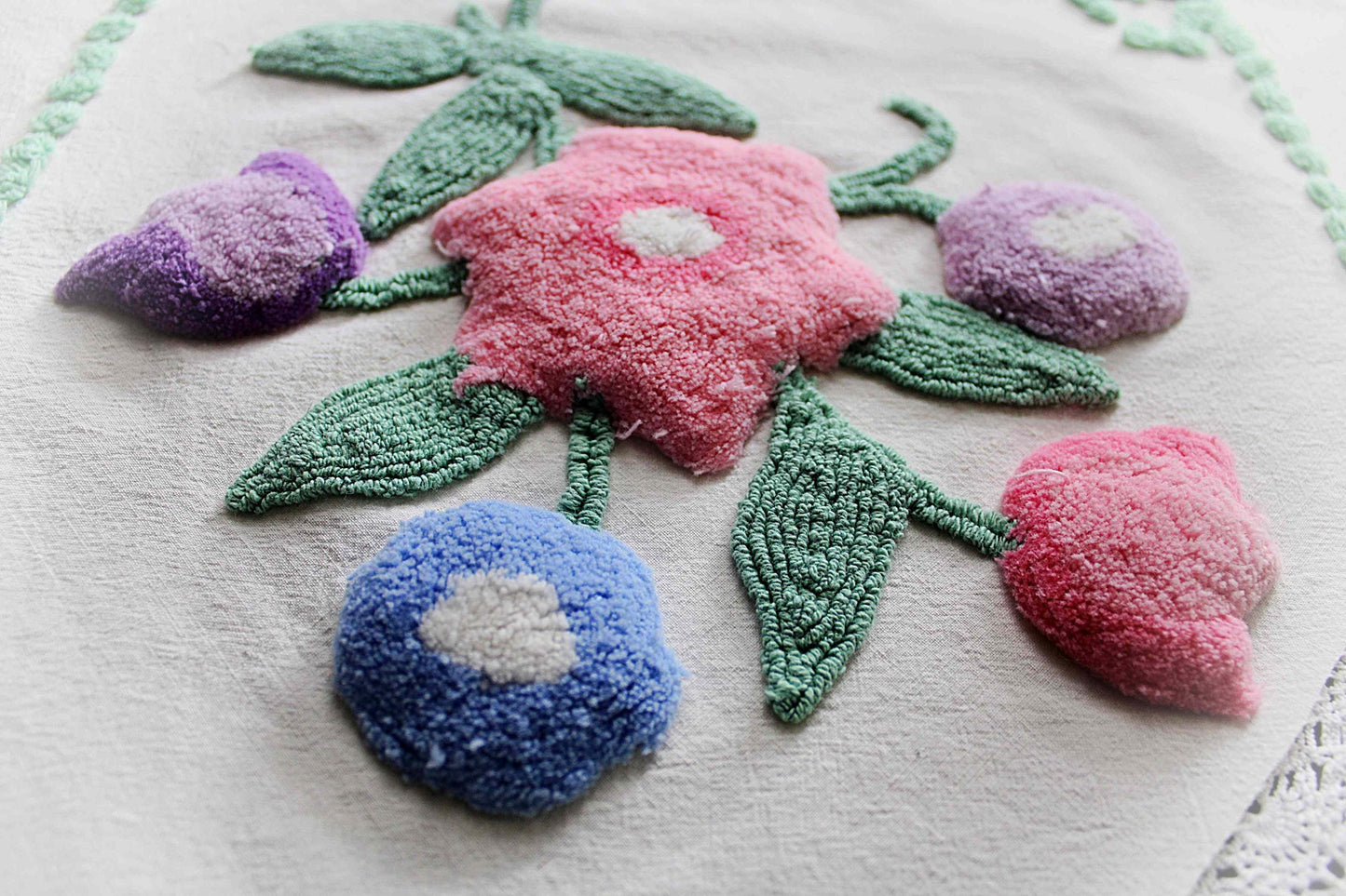 sculpted floral vintage chenille fabric, tulip peony flowers & little green bows, 20" x 25" inch piece of cotton sewing material for pillows
