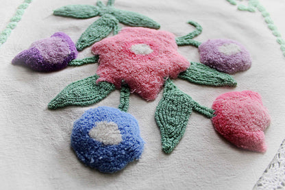 sculpted floral vintage chenille fabric, tulip peony flowers & little green bows, 20" x 25" inch piece of cotton sewing material for pillows