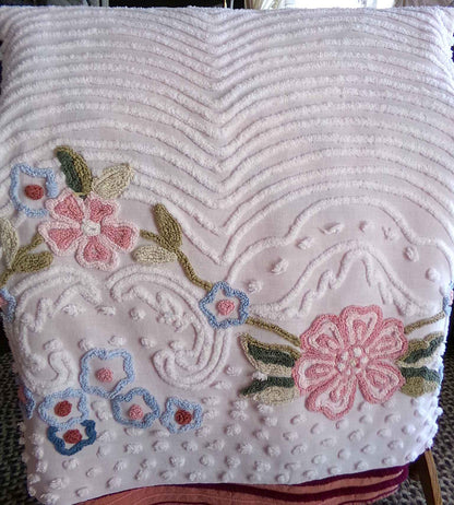 Dreamy Florals Vintage Chenille Material, 29" x 24" inch Fabric Piece, Beautifully Tufted Spring Flower Design on White Cotton