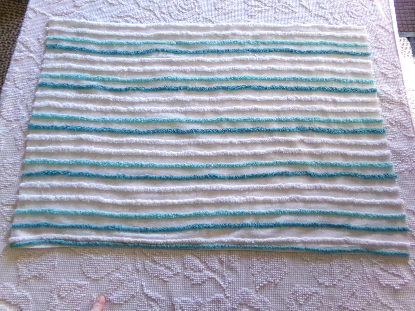 breezy coastal cottage chenille fabric, vintage aqua, teal & white striped sewing material for handmade quilts, crafts, 18" x 24" inch piece