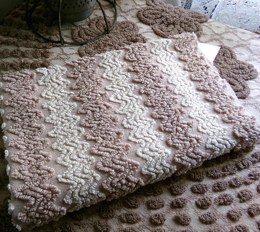 Vintage Chenille Fabric in Toasted Mocha & Vanilla Cream, 19" x 25" inch Piece, Texturized Zig Zags