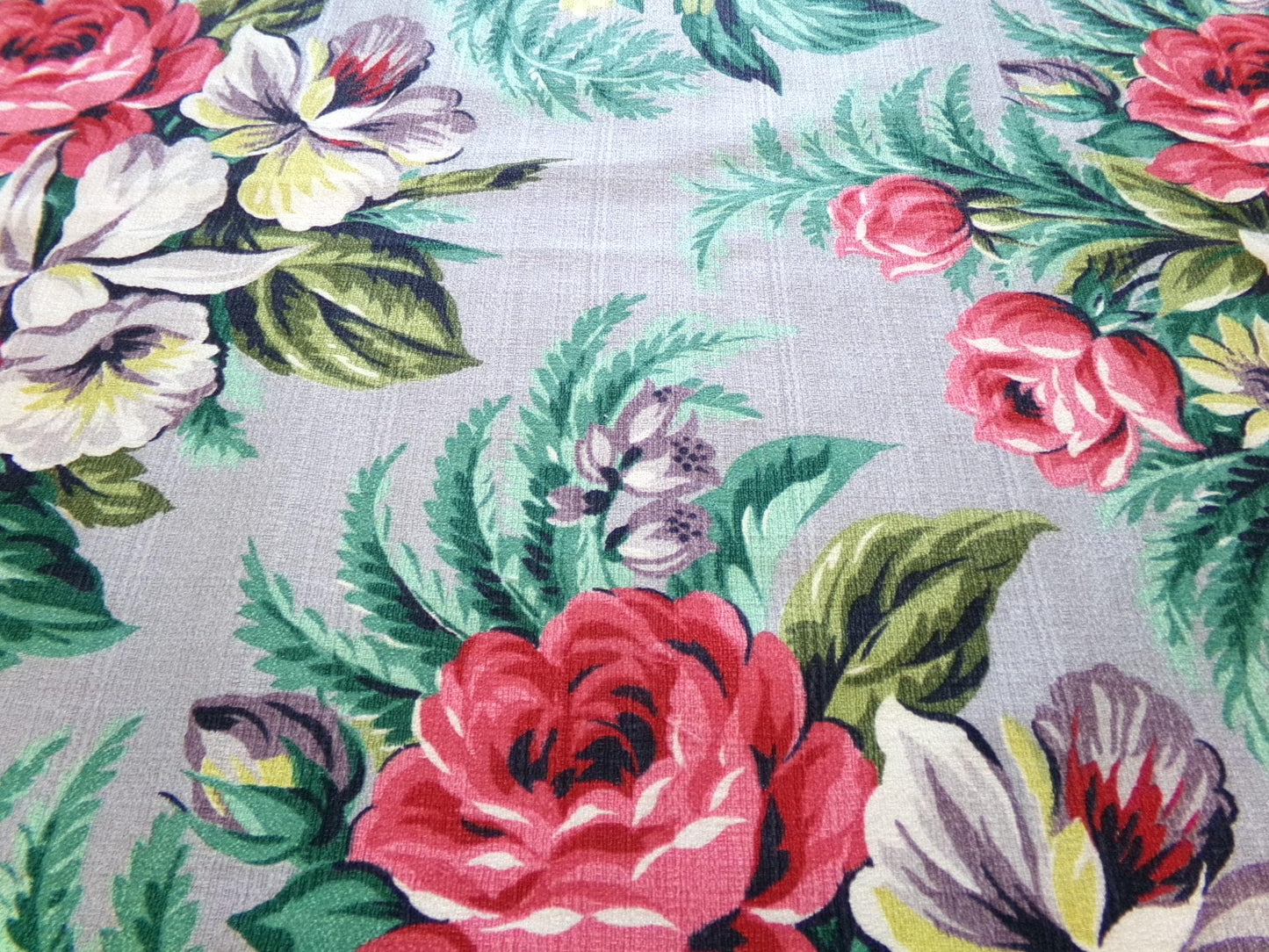 Silver Grey Botanical Vintage Barkcloth Fabric, Tropical Exotic Floral Print, 22" x 24" inches, Ideal Fabric Piece for Pillows