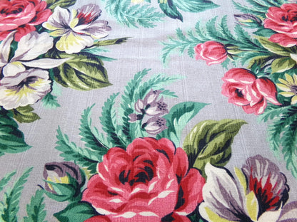 Silver Grey Botanical Vintage Barkcloth Fabric, Tropical Exotic Floral Print, 22" x 24" inches, Ideal Fabric Piece for Pillows