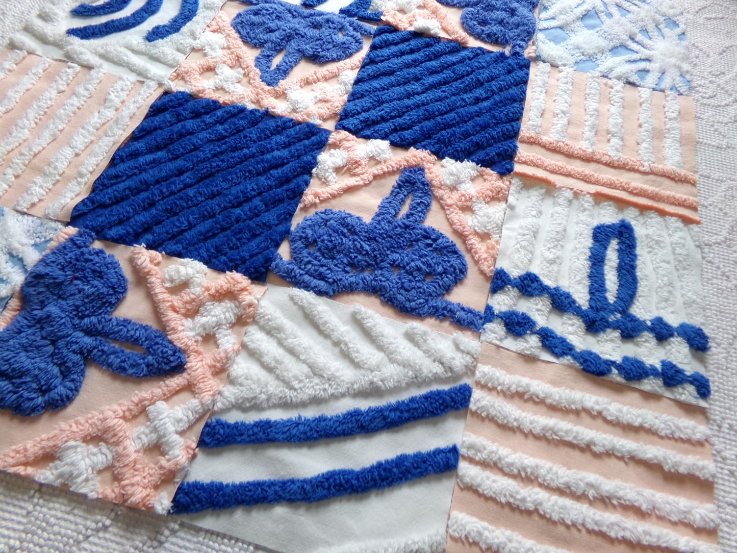 peach frost vintage chenille fabric squares, set of 16 peach & blue quilt blocks 6" ea, for fiber arts, sewing, quilting