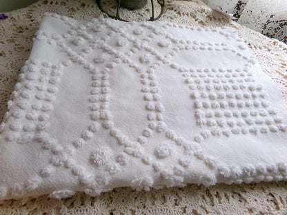 celestial white vintage chenille fabric, vintage geometric piece of cotton sewing material for quilts, pillows, wall hangings, 23" x 28"