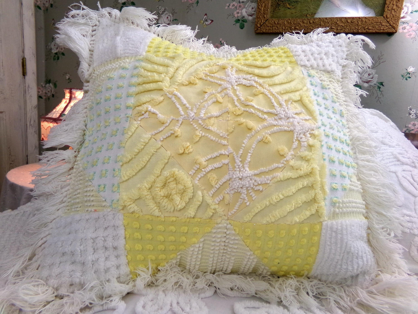 Vintage Chenille Patchwork Pillow | Reversible Mixed Yellow & White Prints, Fringe Accent | Boho Farmhouse Style, 17" x 18" w/ Insert