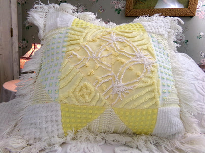 Vintage Chenille Patchwork Pillow | Reversible Mixed Yellow & White Prints, Fringe Accent | Boho Farmhouse Style, 17" x 18" w/ Insert