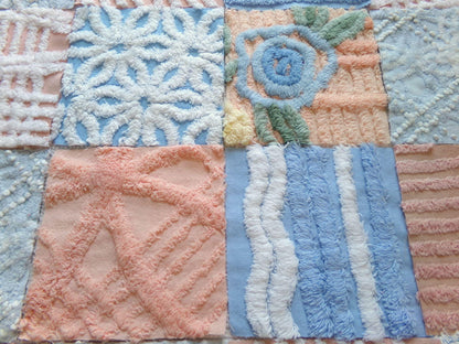chenille 6" fabric squares, blue, peach & white plush quilt blocks, rotary cut from vintage chenille bedspreads, set of 16