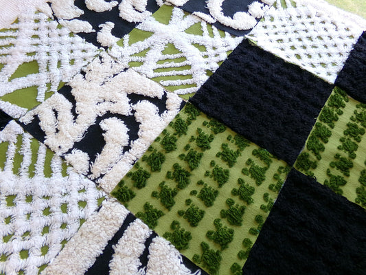 goblin green & black vintage chenille fabric squares, set of 16 boho 6" quilt blocks for crafts, sewing, diy pillow covers